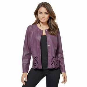 Mainpol Faux Leather Purple Laser Cut Snap Front Women's Jacket Size US 16